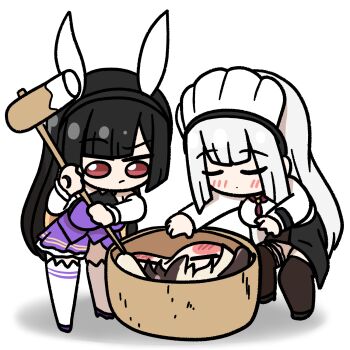  3girls animal_ear_headband animal_ears baekto_(last_origin) black_hair blush_stickers breasts brown_hair chef chef_hat chibi clooliss closed_eyes commentary_request detached_sleeves dog_ears dog_girl dress food grey_hair hachiko_of_castling hat highres jewelry kine korean_commentary large_breasts last_origin long_hair mallet mini_chef_hat mini_hat mochi mochitsuki multicolored_hair multiple_girls neckerchief red_eyes skirt sowan_(last_origin) thighhighs thighlet two-tone_hair very_long_hair white_background 