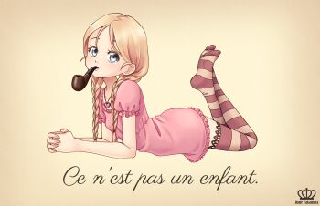  1girl artist_name baraag blonde_hair blue_eyes braid breasts commentary dress english_commentary fine_art_parody french_text heart_pendant highres hime_takamura la_trahison_des_images linnea_(baraag) long_hair looking_at_viewer low_twin_braids lying on_stomach parody pink_dress small_breasts smoking_pipe solo striped_clothes striped_thighhighs thighhighs twin_braids watermark 