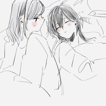  2girls blush ceras_yanagida_lilienfeld commentary_request edel_note head_on_pillow highres katsuragi_izumi link!_like!_love_live! long_hair long_sleeves looking_at_another love_live! lying multiple_girls on_back pillow profile shin_(shnnnnrn1) shirt sketch sleeping squeans under_covers virtual_youtuber 