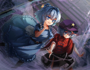  2girls absurdres black_skirt blue_dress blue_eyes blue_hair blue_nails brown_ribbon cheesegyuudon09 chinese_clothes closed_mouth collared_vest commentary_request dress expressionless feet_out_of_frame frilled_dress frills grey_eyes hagoromo hair_rings hat hat_ornament highres jiangshi kaku_seiga lace-trimmed_sleeves lace_trim looking_afar miyako_yoshika multiple_girls neck_ribbon newsboy_cap ofuda open_clothes open_mouth open_vest outstretched_arms purple_background purple_hat red_nails red_shirt revision ribbon shawl shirt short_hair short_sleeves skirt smile star_(symbol) star_hat_ornament tangzhuang touhou vest white_vest wide_sleeves zombie_pose 