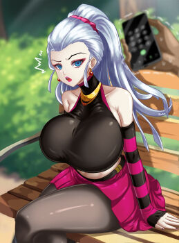 1girl 1other blue_eyes breasts cellphone crossed_legs daki_(kimetsu_no_yaiba) detached_sleeves earrings eyeshadow female_focus fenrox highres huge_breasts jewelry kimetsu_no_yaiba lipstick long_hair looking_at_viewer makeup midriff nail_polish phone ponytail sitting skirt white_hair 