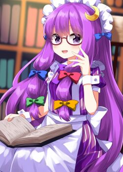  1girl :d apron blue_bow blush book bookshelf bow commentary_request completion_time cowboy_shot crescent crescent_hair_ornament dress glasses green_bow hair_bow hair_ornament hand_up highres holding holding_book long_hair looking_at_viewer maid_headdress multiple_hair_bows open_book open_mouth patchouli_knowledge purple_dress purple_eyes purple_hair red_bow ruu_(tksymkw) smile solo striped_clothes striped_dress touhou white_apron wrist_cuffs yellow_bow 