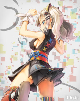  1girl bare_shoulders black_dress blue_eyes breasts commentary_request dress eyelashes fingernails from_behind grey_hair grin hair_ornament hairclip highres iroia kaguya_luna long_hair looking_back medium_breasts multicolored_eyes no_bra obi over-kneehighs purple_eyes red_thighhighs ribbon sash sharp_teeth short_dress side_slit sideboob sideways_mouth sleeveless sleeveless_dress smile solo striped_clothes striped_ribbon striped_thighhighs teeth the_moon_studio thighhighs tsurime turtleneck twintails vertical-striped_clothes vertical-striped_thighhighs virtual_youtuber white_ribbon wrist_ribbon wristband x_hair_ornament zettai_ryouiki 