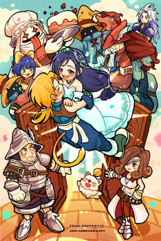  4girls 6+boys absurdres adelbert_steiner amarant_coral anniversary beatrix_(ff9) black_mage_(final_fantasy) blonde_hair bobby_corwen cake chef_hat closed_mouth commentary_request confetti copyright_name dress eiko_carol eyepatch final_fantasy final_fantasy_ix food freya_crescent furry furry_female furry_male garnet_til_alexandros_xvii grey_hair grin hair_over_eyes hat hetero highres holding holding_plate horns knight kuja mog_(ff9) moogle multiple_boys multiple_girls open_mouth pannomimi0301 plate puck_(ff9) purple_hair quina_quen red_hair single_horn smile tail tongue tongue_out vivi_ornitier wedding_dress whiskers witch_hat zidane_tribal 