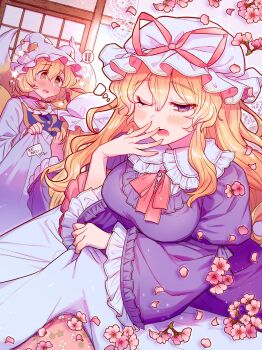  ! 2girls animal_hat blonde_hair blue_tabard blush breasts cherry_blossoms commentary_request dress falling_petals flower fox_tail frilled_sleeves frills hair_between_eyes hat hat_ribbon highres kitsune large_breasts long_hair long_sleeves masanaga_(tsukasa) mob_cap multiple_girls multiple_tails one_eye_closed open_mouth petals pink_flower pink_petals pink_ribbon purple_dress purple_eyes ribbon sitting sleepy speech_bubble spoken_exclamation_mark tabard tail touhou translation_request very_long_hair white_dress white_hat wide_sleeves yakumo_ran yakumo_yukari yellow_eyes 