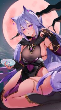  1girl animal_ear_fluff animal_ears armpit_crease black_bridal_gauntlets blush breasts bridal_gauntlets commentary_request commission fingernails fox_ears fox_girl hair_between_eyes hand_up highres holding large_breasts long_hair looking_at_viewer nail_polish original parted_lips pelvic_curtain purple_eyes purple_hair purple_nails sasunopi seiza sideboob sitting skeb_commission solo thighs very_long_hair 