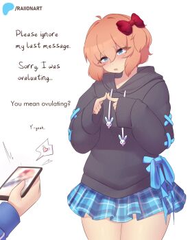  1girl 1other absurdres black_hoodie blue_eyes blue_skirt blurry blush bow brown_hair doki_doki_literature_club english_text feet_out_of_frame hair_bow head_tilt heart highres holding holding_phone hood hoodie index_fingers_together looking_at_another medium_hair open_mouth out_of_frame ovulation patreon_logo patreon_username phone raion_(raionart) red_bow sayori_(doki_doki_literature_club) skirt speech_bubble talking teeth thick_thighs thighs upper_teeth_only 