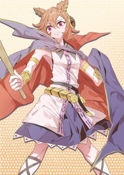  1girl :d animal_ears armlet belt black_belt brown_hair brown_shirt cape commentary_request cosplay cowboy_shot ear_ornament earmuffs grin hair_between_eyes highres holding_baton horse_ears horse_girl jewelry looking_at_viewer open_mouth purple_cape purple_eyes purple_skirt red_cape ritual_baton senmura shirt short_hair skirt smile solo t.m._opera_o_(umamusume) touhou toyosatomimi_no_miko toyosatomimi_no_miko_(cosplay) two-sided_cape two-sided_fabric umamusume yellow_background 