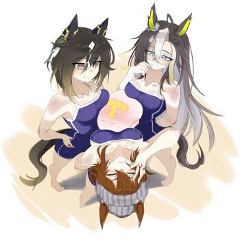  1boy 3girls animal_ears beanie between_breasts breast_rest breast_smother breasts breasts_on_head brown_hair doli_palta dream_journey_(umamusume) face_between_breasts face_to_breasts glasses hat head_between_breasts highres horse_ears horse_girl horse_tail multicolored_hair multiple_girls nakayama_festa_(umamusume) small_breasts stay_gold_(umamusume) t-head_trainer_(umamusume) tail tracen_swimsuit trainer_(umamusume) umamusume 