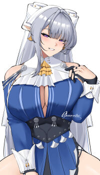  1girl absurdres ascot bare_shoulders blue_dress blush breasts clothing_cutout commentary dress earrings grey_hair hair_over_one_eye hand_up highres jewelry large_breasts long_hair looking_at_viewer mole mole_under_mouth obosounds parted_lips pointy_ears purple_eyes shoulder_cutout signature simple_background smile solo veil velina_airgid white_background white_veil yellow_ascot zenless_zone_zero 