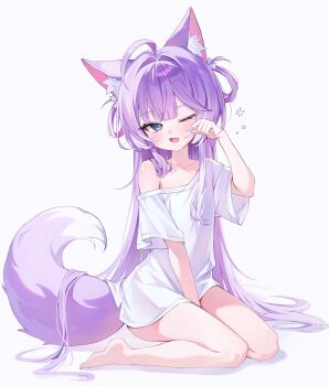  1girl absurdres animal_ear_fluff animal_ears barefoot between_legs blue_eyes commentary fang flat_chest fox_ears fox_girl fox_tail full_body hand_between_legs highres long_hair multicolored_hair naked_shirt no_pants off_shoulder one_eye_closed purple_hair rubbing_eyes shirt short_sleeves simple_background sitting skin_fang sleepy squeans stellive tail tenko_shibuki two-tone_hair untranslatable_commentary very_long_hair white_background white_hair white_shirt yuel_1011 