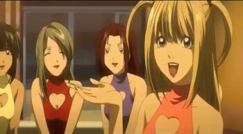  animated animated_gif anime_screenshot black_hair blonde_hair blue_dress breasts brown_hair cleavage death_note dress green_dress happy multiple_girls pink_dress red_dress sitting smile take_your_pick yellow_dress  rating:General score:7 user:retsupurae