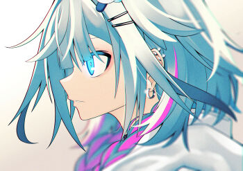  1girl akane_harurou anaglyph blue_eyes blue_hair blurry blurry_background ear_piercing earrings from_side glowing glowing_eye hair_ornament hairclip highres hololive hololive_dev_is hood jewelry jpeg_artifacts_on_purpose mizumiya_su mizumiya_su_(1st_costume) multicolored_hair parted_lips piercing pink_hair portrait profile simple_background solo streaked_hair virtual_youtuber white_background 