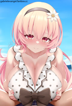  1boy 1girl artist_name beach bikini blush breasts breasts_squeezed_together choujigen_game_neptune collarbone compa frills gabriel_evangel grabbing_own_breast hair_between_eyes highres huge_breasts large_breasts long_hair looking_at_viewer neptune_(series) pink_eyes pink_hair polka_dot signature skindentation smile swimsuit 
