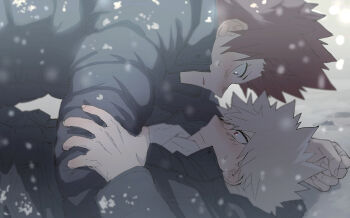  10s 2boys bakugou_katsuki blonde_hair blush boku_no_hero_academia jacket kirishima_eijirou male_focus multiple_boys red_hair snow  rating:Sensitive score:7 user:fakej