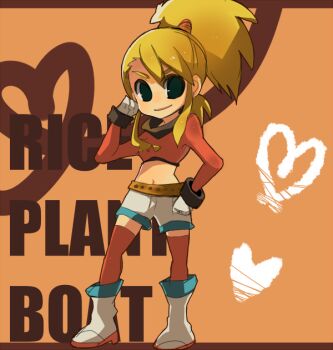  1girl aero_(inafune_keiji) aero_(mega_man) blonde_hair boots capcom female_focus gloves green_eyes long_hair mega_man_(series) mega_man_legends_(series) mega_man_legends_3 obiko red_thighhighs shorts solo thighhighs 