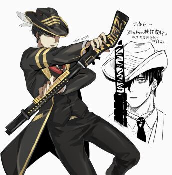  1boy bags_under_eyes black_coat black_hat black_necktie black_pants black_vest closed_mouth coat commentary doodle_inset e.g.o_(project_moon) feet_out_of_frame gold_trim green_eyes gun hat hat_over_one_eye highres holding holding_gun holding_weapon hornet_(e.g.o) limbus_company lobotomy_corporation_(identity)_(project_moon) long_sleeves male_focus meursault_(project_moon) necktie open_clothes open_coat outstretched_arm pants project_moon reverse_grip shotgun translation_request tsugino223 untranslatable_commentary veins vest weapon winged_hat 