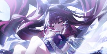  1girl absurdres black_hair blush chun_nam closed_mouth columbina_(genshin_impact) commentary_request dress feathered_wings genshin_impact hair_between_eyes hair_ribbon head_wings highres long_hair looking_at_viewer multiple_wings pink_eyes pink_hair ribbon smile solo very_long_hair white_dress white_ribbon white_wings wings wrist_ribbon 