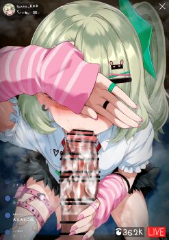  1boy 1girl absurdres arm_warmers bad_tag bar_censor blush censored covering_own_eyes earrings erection fellatio fingernails hair_ornament hairclip highres jewelry kamanbearu livestream loli long_hair nail_polish necktie oral penis pink_nails ponytail saliva shirt side_ponytail skirt sunna_(zenless_zone_zero) sweat thigh_strap thighhighs thighs white_thighhighs zenless_zone_zero 