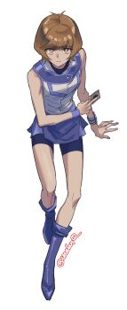  1girl bare_shoulders blue_boots blue_shorts blue_skirt bob_cut boots breasts brown_eyes brown_hair card closed_mouth commentary_request duel_academy_uniform_(yu-gi-oh!_gx) full_body highres holding holding_card korean_commentary looking_at_viewer shirt short_hair shorts shorts_under_skirt skirt sleeveless sleeveless_shirt small_breasts solo uaelanq white_background yu-gi-oh! yu-gi-oh!_gx yu-gi-oh!_vrains zaizen_aoi 