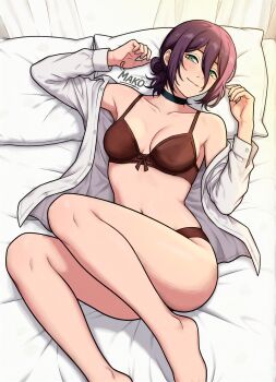  1girl barefoot bed black_choker bra breasts brown_bra brown_panties chainsaw_man choker commentary_request foot_out_of_frame green_eyes hair_between_eyes hair_bun highres legs looking_at_viewer lying makito.01 medium_breasts navel on_back on_bed open_clothes open_shirt panties pillow purple_hair reze_(chainsaw_man) shirt solo underwear white_shirt 