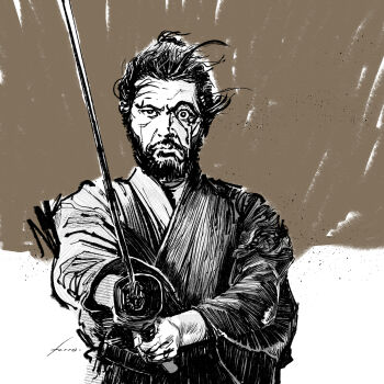  1boy art_study black_hair commentary english_commentary facial_hair greyscale haori harakiri_(film) highres holding holding_sword holding_weapon japanese_clothes katana kimono long_sleeves male_focus monochrome real_life samurai short_hair solo_focus sword tachi_(weapon) tatsuya_nakadai tsugumo_hanshiro viktor_farro weapon 
