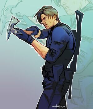  1boy arm_hair axe blue_gloves blue_pants blue_shirt brown_hair commentary doiho english_commentary gloves gun gun_on_back hatchet_(axe) highres holding holding_weapon leon_s._kennedy male_focus pants parted_hair parted_lips resident_evil resident_evil_requiem shirt signature solo standing weapon weapon_on_back 