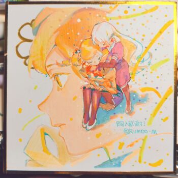  2girls absurdres arms_around_neck black_pantyhose black_sleeves blonde_hair blue_bow blue_skirt bow bowtie brown_shirt brown_sleeves chinese_text close-up closed_eyes collar collared_dress colored_eyelashes commentary confetti dress drill_hair eyelashes frilled_dress frills from_above full_body hair_bow hair_ornament hairpin hands_on_own_knees high_heels highres hug hug_from_behind juliet_sleeves knees_up layered_sleeves long_hair long_sleeves mahou_shoujo_madoka_magica mahou_shoujo_madoka_magica:_hangyaku_no_monogatari medium_dress miniskirt mitakihara_school_uniform momoe_nagisa multiple_girls multiple_views pantyhose parted_lips photo_(medium) pleated_skirt projected_inset puffy_short_sleeves puffy_sleeves pumps purple_dress purple_sleeves red_bow red_bowtie ribbon riko-m sailor_dress school_uniform shadow shikishi shirt shoes short_over_long_sleeves short_sleeves sitting skirt symbol-only_commentary tomoe_mami traditional_media twin_drills twitter_username two_side_up very_long_hair wavy_hair white_collar white_hair white_shoes yellow_eyes yellow_ribbon 