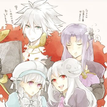  10s 1boy alice_(fate) banira_(ri0115ka) blue_eyes blue_hair blush braid closed_eyes emil_(nier) fate/apocrypha fate/extra fate/grand_order fate/stay_night fate_(series) fur_collar green_eyes grimoire_weiss hat illyasviel_von_einzbern kadowaki_mai kaine_(nier) karna_(fate) long_hair mask medea_(caster)_(fate) medea_(fate) nier nier_(series) nonaka_ai pale_skin pointy_ears scar smile tanaka_atsuko translation_request twin_braids voice_actor_connection white_hair yonah yusa_kouji 