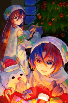  1boy 1girl 1other absurdres antlers bell blue_eyes blue_gloves blue_hair christmas christmas_ornaments christmas_tree commentary_request crossed_bangs deer_antlers fake_antlers female_alear_(fire_emblem) female_alear_(gifted_dragons)_(fire_emblem) fire_emblem fire_emblem_engage fire_emblem_heroes fur-trimmed_headwear fur_trim fur_wrist_cuffs gloves hair_between_eyes heterochromia highres holding holding_bell horns long_hair looking_at_viewer male_alear_(fire_emblem) male_alear_(gifted_dragons)_(fire_emblem) multicolored_hair nintendo official_alternate_costume red_eyes red_hair sommie_(fire_emblem) split-color_hair teitokunanodesu two-tone_hair very_long_hair wrist_cuffs 
