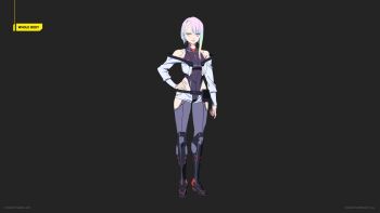  1girl asymmetrical_bangs asymmetrical_hair belt black_background black_boots black_leotard boots breasts concept_art cyberpunk:_edgerunners cyberpunk_(series) cyborg english_text eyeliner grey_thighhighs high_heels jacket leotard lipstick long_sleeves looking_to_the_side lucy_(cyberpunk) makeup medium_breasts multicolored_boots multicolored_hair multicolored_leotard official_art official_art_inset orange_hair parted_lips pink_hair rainbow_hair red_boots red_eyeliner red_leotard red_lips short_hair_with_long_locks sideways_glance simple_background smile solo standing tattoo thighhighs two-tone_boots two-tone_leotard white_jacket yoshinari_you 