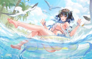  1girl artist_name ass atdan bare_legs barefoot bikini bird black_hair blue_streaks breasts butterfly_hair_ornament clothing_cutout cloud cloudy_sky detached_collar detached_sleeves fish floating frilled_bikini frills glove_cutout gloves hair_ornament hands_up highres innertube large_breasts leg_up legband legs_together looking_at_viewer multicolored_hair open_mouth palm_tree revealing_clothes seagull short_twintails siris_(snowbreak) sky smile snowbreak:_containment_zone solo swim_ring swimsuit thighs tree tropical_fish twintails two-tone_hair water wet yellow_eyes  rating:Questionable score:5 user:Starbase_74_User