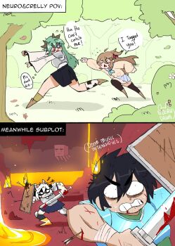  >_< 1boy 3girls :< :3 :d anger_vein animal_ears armor arrow_(projectile) arrow_in_armor arrow_in_body bags_under_eyes battle biceps black_hair black_sclera black_skirt black_socks blood blood_from_mouth blood_on_arm blood_on_face bloody_weapon blue_bow blue_bowtie blue_pupils blue_sailor_collar blue_skirt blush bow bowtie breastplate brown_hair brown_shoes burning burning_hair bush cardigan cat_ears chasing clenched_hand clenched_teeth colored_sclera comparison cow_ears cow_horns cow_print_socks crelly_(vtuber) english_text facial_hair falling_leaves filian_(vtuber) fire fleeing flying_sweatdrops forest full_body green_hair hair_between_eyes hair_ribbon highres holding holding_shield holding_sword holding_weapon horns lava leaf long_hair long_sleeves looking_at_another messy_hair minecraft miniskirt motion_lines multiple_girls nature neuro-sama on_grass open_mouth outdoors outstretched_arm outstretched_arms peanut_mouth pink_ribbon pleated_skirt puffy_long_sleeves puffy_sleeves reaching red_pupils ribbon sailor_collar scar scar_on_arm school_uniform serafuku shaded_face sharp_teeth shield shirt shoes sidelocks signature skirt smile socks speech_bubble squiggle stubble sweat sword teeth thick_eyebrows thought_bubble tree twitter_username two_side_up underground v-shaped_eyebrows vedal987 vedal_ai very_long_hair weapon white_hair white_shirt wide_sleeves wrist_wrap yellow_cardigan yellow_socks zerudawaa 