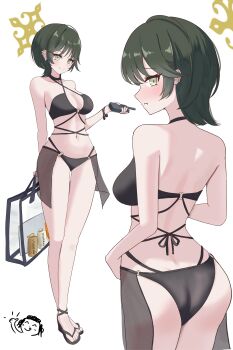  1boy 1girl absurdres alternate_costume ass bag bikini black_bikini blue_archive commentary_request criss-cross_halter doodle_sensei_(blue_archive) earrings from_behind fuyu_(blue_archive) green_hair green_halo halo halterneck highres holding holding_bag jewelry korean_commentary multi-strapped_bikini_bottom navel o-ring o-ring_bikini o-ring_bottom o-ring_top see-through_bag sensei_(blue_archive) showyourseonjeok simple_background swimsuit white_background wolf_cut 