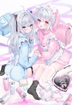  2girls absurdres ahoge animal_ears apron ass back_bow backpack bag bandaid black_bag black_bow black_socks blue_eyes blue_nails bow boxcutter center-flap_bangs commentary energy_drink fake_animal_ears fangs food-themed_hair_ornament frilled_headwear hair_bow hair_intakes hair_ornament highres holding_hands jersey_maid kabashima_hana long_hair looking_at_viewer maid maid_headdress matching_outfits monster_energy multicolored_hair multiple_girls open_mouth original pink_eyes pink_hair pink_nails pink_streaks rabbit_ears randoseru sidelocks sitting socks spill strawberry_hair_ornament stuffed_animal stuffed_rabbit stuffed_toy thigh_strap thighhighs twintails two-tone_hair two_side_up unconventional_maid unworn_backpack unworn_bag wariza white_apron white_bow white_hair white_thighhighs x_hair_ornament zipper_pull_tab 