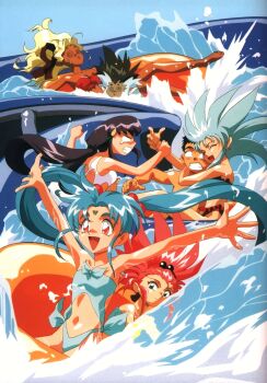  1990s_(style) 6+girls @_@ aqua_hair arms_up barefoot bikini blonde_hair blue_one-piece_swimsuit closed_eyes constricted_pupils dark-skinned_female dark_skin day dizzy earrings facial_mark floating_hair forehead_mark grabbing_another's_arm green_eyes green_hair grin hair_bobbles hair_ornament hakubi_washuu highres hug jewelry kuramitsu_mihoshi long_hair masaki_aeka_jurai masaki_sasami_jurai masaki_tenchi multicolored_hair multiple_girls navel non-web_source one-piece_swimsuit open_hands outdoors outstretched_arms pink_eyes pink_hair purple_hair red_bikini retro_artstyle ryou-ouki ryou-ouki_(human) ryouko_(tenchi_muyou!) shiny_skin smile spiked_hair splashing spread_arms strapless strapless_one-piece_swimsuit swimsuit tears tenchi_muyou! twintails two-tone_hair very_long_hair water 