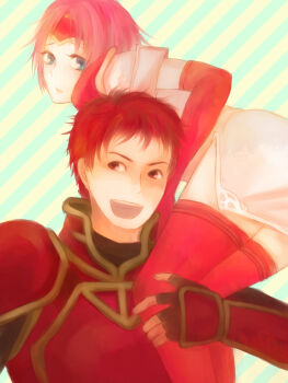  1boy 1girl :d armor ass blue_eyes carrying carrying_over_shoulder carrying_person commentary_request diagonal-striped_background fire_emblem fire_emblem:_path_of_radiance kieran_(fire_emblem) looking_at_viewer looking_back looking_to_the_side marcia_(fire_emblem) nintendo open_mouth pink_hair red_armor red_eyes red_hair sa_ato short_hair smile striped_background teeth thighs upper_teeth_only 