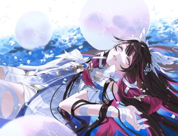  1girl black_hair columbina_(genshin_impact) commentary dress falling_petals genshin_impact hair_ribbon hair_spread_out head_wings highres long_hair lying mikuroron multicolored_hair on_back open_mouth petals pink_hair purple_eyes ribbon solo thigh_strap twitter_username two-tone_hair very_long_hair white_dress white_ribbon wings 
