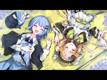  2girls :d bag black_bag black_capelet black_flower black_rose blonde_hair blue_flower blue_hair blue_rose blue_skirt bonnet braid braided_hair_rings capelet closed_eyes commentary_request deerstalker dress flower frilled_dress frills grass green_bonnet green_eyes hair_rings hand_on_own_chest hat highres lying mahou_shoujo_no_majo_saiban multiple_girls nekobanana_(m23453456) official_style on_back open_mouth parody parted_lips rose short_hair skirt smile style_parody tachibana_sherry tono_hanna twintails yellow_flower yellow_rose 