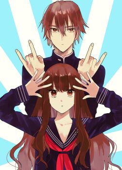  1boy 1girl absurdres arms_up black_serafuku black_shirt blue_background brown_eyes brown_hair closed_mouth commentary_request crossed_arms dual_persona fate/extra fate/extra_ccc fate_(series) fingernails hair_between_eyes highres kishinami_hakuno_(female) kishinami_hakuno_(male) long_hair long_sleeves looking_at_another looking_at_viewer looking_up mandarin_collar neckerchief puffy_long_sleeves puffy_sleeves red_neckerchief ryousuke_(tukr5384) sailor_collar school_uniform serafuku shirt short_hair sidelocks striped_background teeth tsukumihara_academy_uniform_(fate/extra_ccc) two-tone_background upper_body wavy_hair white_background 