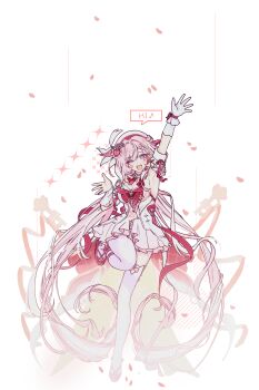  1girl ;o absurdres arm_up armpits beret breasts commentary_request diamond-shaped_pupils diamond_(shape) dress earrings elf elysia_(hi_love_elf)_(honkai_impact) elysia_(honkai_impact) full_body gloves hat heart heart_earrings high_heels highres honkai_(series) honkai_impact_3rd instrument jewelry kin_(k27i7n) large_breasts long_hair looking_at_viewer one_eye_closed pink_hair pointy_ears purple_eyes red_dress solo speech_bubble symbol-shaped_pupils thighhighs trumpet very_long_hair white_dress white_gloves white_thighhighs 