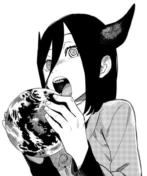  1girl absurdres black_hair buttons collared_shirt commentary_request demon_girl demon_horns dress earth_(planet) eyelashes fingernails fujimoto_tatsuki greyscale hair_between_eyes hatching_(texture) highres holding_planet horns layered_sleeves linear_hatching long_bangs long_sleeves medium_hair monochrome nayuta_(yogen_no_nayuta) nostrils official_art open_mouth planet ringed_eyes shirt shirt_under_dress simple_background solo tongue upper_body white_background wing_collar yogen_no_nayuta 