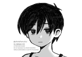  1boy :| antenna_hair backlighting bare_shoulders closed_mouth collarbone commentary_request double-parted_bangs empty_eyes greyscale hair_behind_ear hair_between_eyes halftone high_contrast highres jitome looking_at_viewer male_focus monochrome no_pupils okotahanukui omori omori_(omori) short_hair simple_background solo tank_top twitter_username very_short_hair watermark white_background 