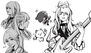  1girl atreedown bang_dream! bang_dream!_it's_mygo!!!!! bass_guitar black_hair braid closed_eyes drawn_ears earrings greyscale highres holding holding_bass_guitar holding_instrument instrument jewelry long_hair mole mole_under_eye monochrome okada_mei open_mouth real_life simple_background spot_color timoris_(bang_dream!) twintails voice_actor voice_actor_connection white_background yahata_umiri 