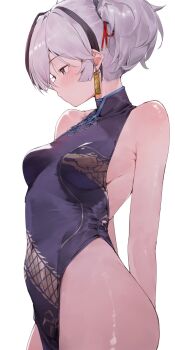 1girl bare_shoulders black_dress black_eyes blue_archive breasts camellya_(wuthering_waves) china_dress chinese_clothes cosplay dragon_print dress earrings gold_earrings hair_ornament highres jewelry kisaki_(blue_archive) kisaki_(blue_archive)_(cosplay) medium_breasts print_dress short_hair sideboob sleeveless sleeveless_dress sleeveless_turtleneck_dress solo white_background white_hair wuthering_waves xaea_xp rating:Sensitive score:78 user:danbooru