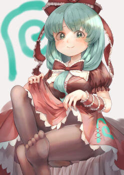  1girl black_pantyhose blush bow breasts clothes_lift commentary_request commission dress dress_lift foot_out_of_frame frilled_bow frilled_ribbon frilled_shirt_collar frills front_ponytail green_eyes green_hair hair_bow hair_ribbon highres kagiyama_hina lips long_hair medium_breasts pantyhose puffy_short_sleeves puffy_sleeves red_bow red_dress red_ribbon ribbon short_sleeves sitting skeb_commission smile solo toes touhou wrist_ribbon yawdeone 