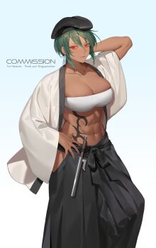  1girl abs absurdres arm_behind_head bandeau beret black_hakama black_hat borrowed_character breasts cleavage closed_mouth clothing_cutout commentary commission commissioner_name dark-skinned_female dark_skin earrings english_commentary feet_out_of_frame green_hair hakama hakama_pants haori hat highres hip_vent jacket japanese_clothes jewelry jitte large_breasts mole mole_under_eye muscular muscular_female narumi_(hasturex) navel ofuda_earrings ohayosayonara open_clothes open_jacket original pants red_eyes second-party_source short_hair solo stomach stomach_tattoo tattoo tribal_tattoo weapon white_bandeau white_haori white_jacket 