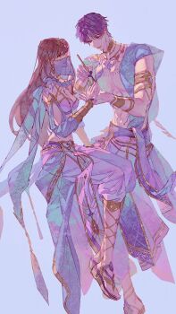  1boy 1girl blue_background blue_pants blue_vest breasts brown_hair chaoxibumian cleavage commentary detached_sleeves full_body gold_trim hair_between_eyes harem_outfit highres holding holding_another's_wrist holding_brush long_hair love_and_deepspace medium_breasts midriff mouth_veil nail_polish official_alternate_costume pants parted_bangs parted_lips protagonist_(love_and_deepspace) purple_hair rafayel_(love_and_deepspace) see-through_vest short_hair smile symbol-only_commentary veil vest 