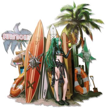  1girl :d absurdres arknights bare_legs bikini black_jacket black_shoes bodysuit breasts clothes_around_waist coconut coconut_tree crocs crop_top diving_suit food fruit full_body green_hair hair_between_eyes highres holding holding_food holding_fruit holding_removed_eyewear horns hoshiguma_(arknights) hoshiguma_(seeker)_(arknights) infukun innertube jacket jacket_around_waist lifebuoy long_hair long_sleeves looking_at_viewer medium_breasts midriff navel official_alternate_costume official_art open_mouth palm_tree ponytail rash_guard shield shoes sidelocks simple_background single_horn smile solo standing starfish stomach sunglasses surfboard swim_ring swimsuit tree underboob unworn_eyewear very_long_hair wetsuit white_background yellow_eyes 
