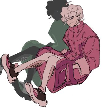  1boy 519luck ahoge bede_(pokemon) coat commentary_request curly_hair highres korean_commentary male_focus multicolored_shoes nintendo pink_coat pokemon purple_eyes shoes short_hair simple_background sitting smile solo white_background 